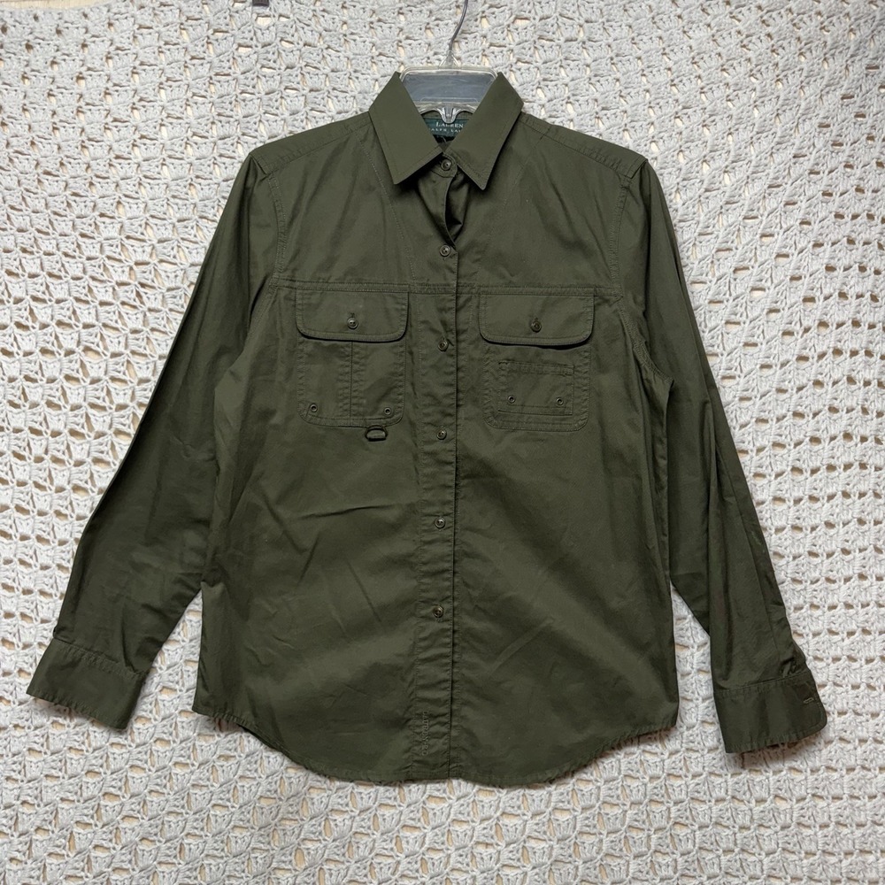 Lauren Ralph Lauren Shirt Women M Olive Green Long Slv Button Up Blouse Pockets